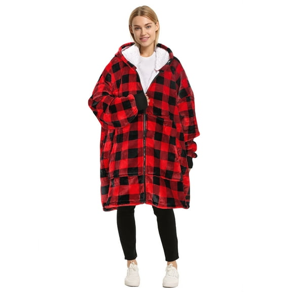 Catalonia Womens Zip Up Long Hoodie Jacket Lightweight Oversized Sweatshirt Open Front Cardigan  Red Checkered