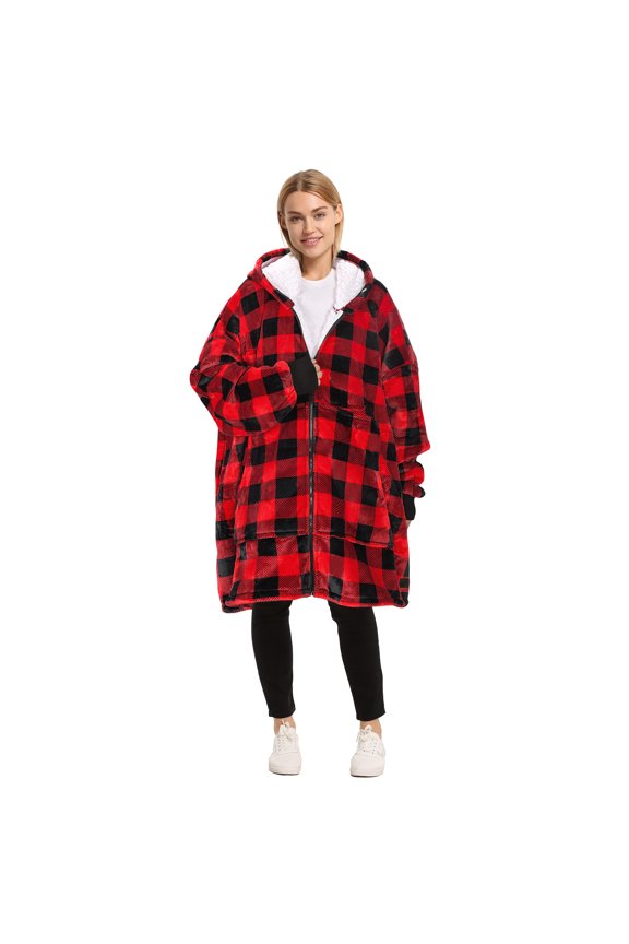 Womens Zip Up Long Hoodie Jacket Lightweight Oversized Sweatshirt Open Front Cardigan Red Checkered