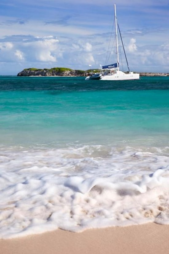 Catamaran off Orient Beach St Maarten West Indies Canvas Art - Brian Jannsen DanitaDelimont (19 x 28)