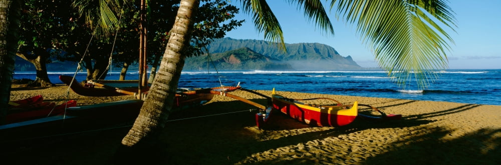 Catamaran on the beach Hanalei Bay Kauai Hawaii USA Canvas Art - Panoramic Images (27 x 9)