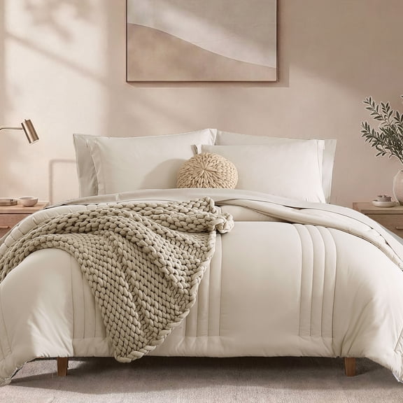 Catami 7-piece Bed in a Bag Comforter Set with Sheets,Beige,Queen