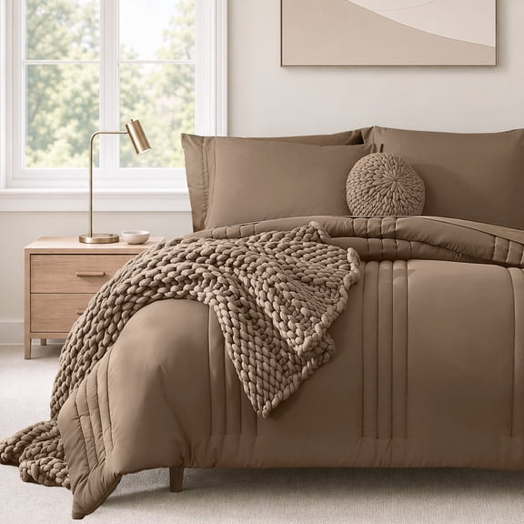 Catami 7-piece Bed in a Bag Comforter Set with Sheets,Deep Brown,King