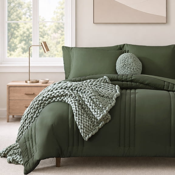 Catami 7-piece Bed in a Bag Comforter Set with Sheets,Olive Green,Queen