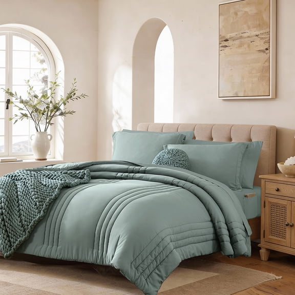 Catami 7-piece Bed in a Bag Comforter Set with Sheets,Sage Green,Queen