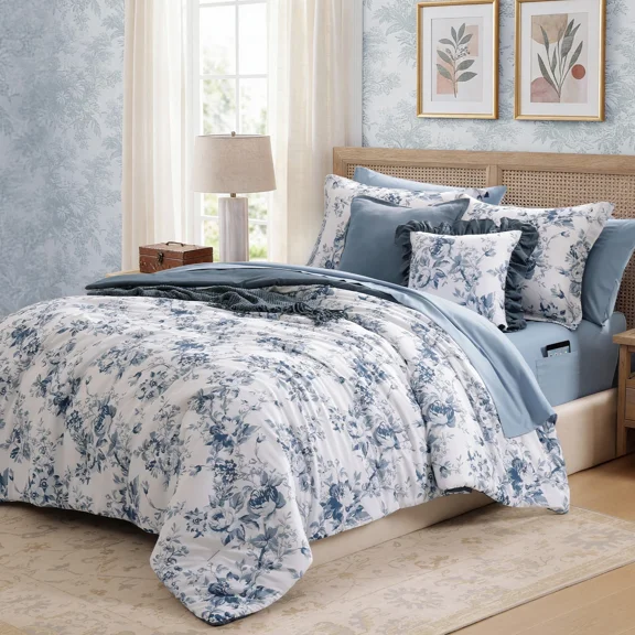 Catami Botanical Flowers Design 7-piece Bed in a Bag Comforter Set with Sheets,Grey Blue,Queen