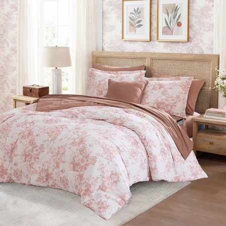 Catami Botanical Flowers Design 7-piece Bed in a Bag Comforter Set with Sheets,Rose,Queen