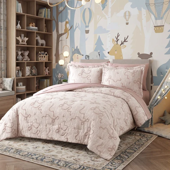Catami Bowknot Jacquard Design 7-piece Bed in a Bag Comforter Set with Sheets,Blush Pink,Full