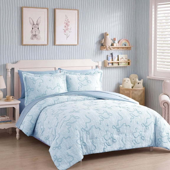 Catami Bowknot Jacquard Design 7-piece Bed in a Bag Comforter Set with Sheets,Light Blue,Queen