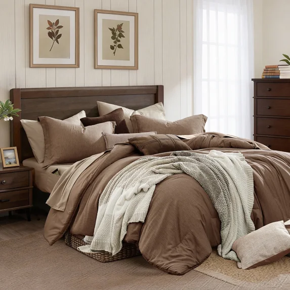 Catami Cationic Dyeing 7-piece Bed in a Bag Comforter Set with Sheets,Brown,King