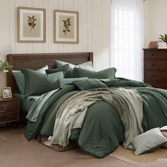 Catami Cationic Dyeing 7-piece Bed in a Bag Comforter Set with Sheets,Deep Forest,Full