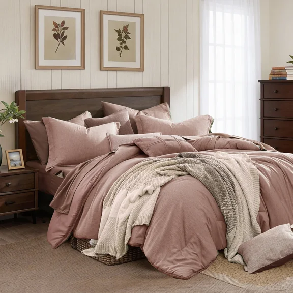 Catami Cationic Dyeing 7-piece Bed in a Bag Comforter Set with Sheets,Dusty Pink,Full