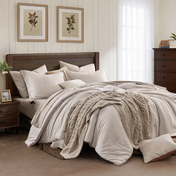 Catami Cationic Dyeing 7-piece Bed in a Bag Comforter Set with Sheets,Oatmeal Beige,King