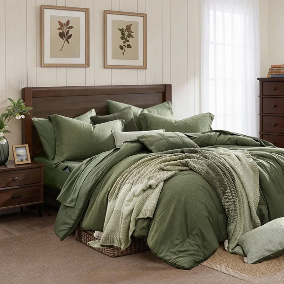 Catami Cationic Dyeing 7-piece Bed in a Bag Comforter Set with Sheets,Olive Green,Full