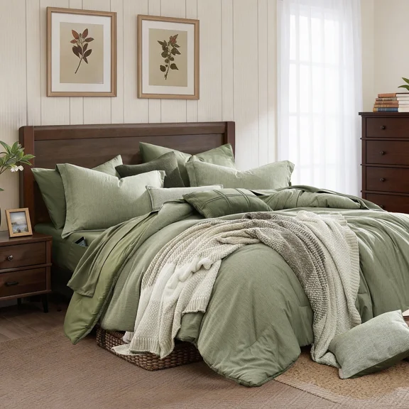 Catami Cationic Dyeing 7-piece Bed in a Bag Comforter Set with Sheets,Sage Green,Queen