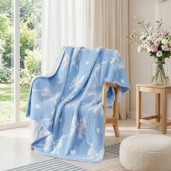 Catami Diamond Pattern Reversible Throw Blanket,Blue Bow,50*60