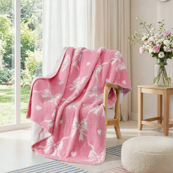 Catami Diamond Pattern Reversible Throw Blanket,Pink Bow,50*60