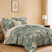 Catami Floral 7-piece Bed in a Bag Queen Comforter Set with Sheets,Green Butterfly&floral