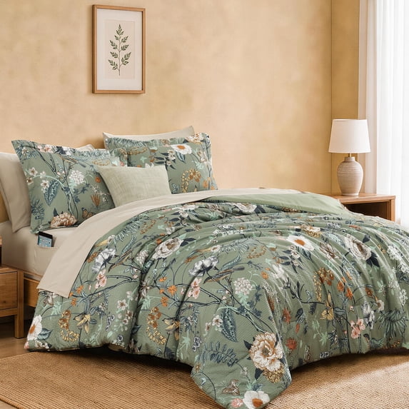 Catami Floral 7-piece Bed in a Bag Queen Comforter Set with Sheets,Green Butterfly&floral