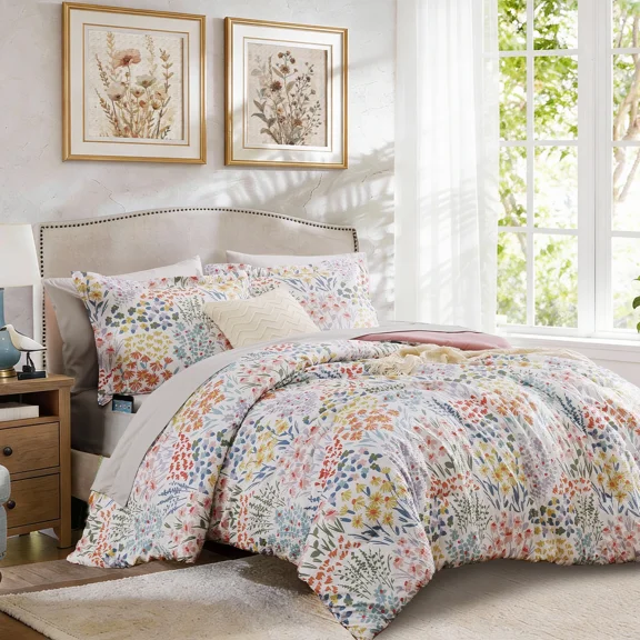 Catami Floral 7-piece Bed in a Bag Queen Comforter Set with Sheets,Pinkish Purple Wildflorwer