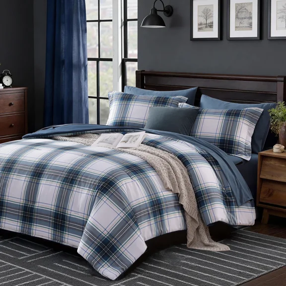 Catami Plaid Design 5-piece Bed in a Bag Comforter Set with Sheets,Blue White,Twin XL
