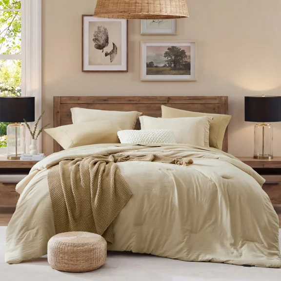 Catami Prewashed fabric 7-piece Bed in a Bag King Comforter Set with Sheets,Beige