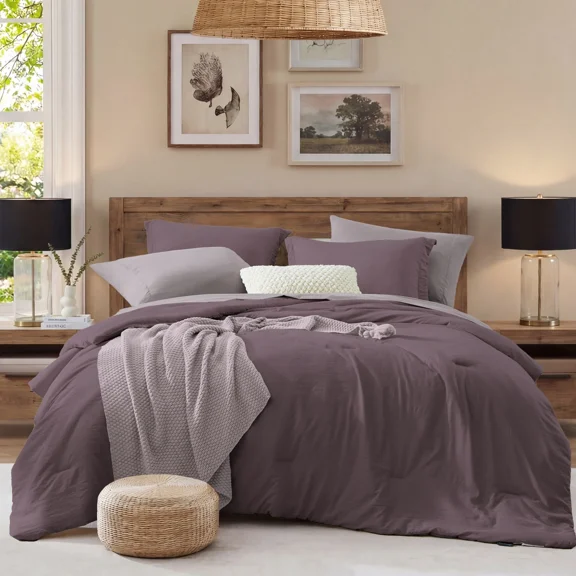 Catami Prewashed fabric 7-piece Bed in a Bag Comforter Set with Sheets,Dark purple,King