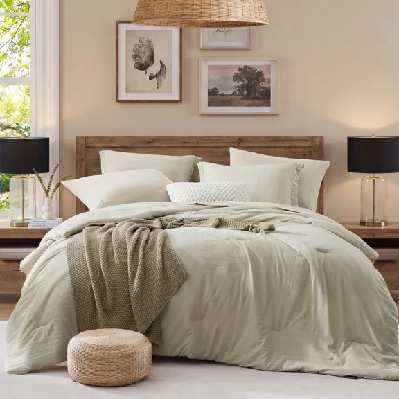 Catami Prewashed fabric 7-piece Bed in a Bag Comforter Set with Sheets,Light Oatmeal,Queen