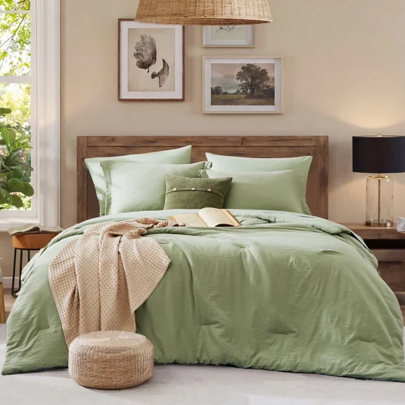 Catami Prewashed fabric 7-piece Bed in a Bag Queen Comforter Set with Sheets,Sage green