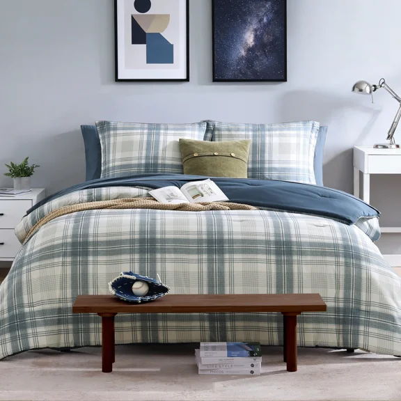 Catami Reversible Checkered Design 7-piece Bed in a Bag Comforter Set with Sheets,Blue Grey,Queen
