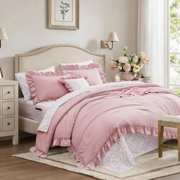 Catami Ruffle Design 5-piece Bed in a Bag Comforter Set with Sheets,Soft Pink,Twin XL