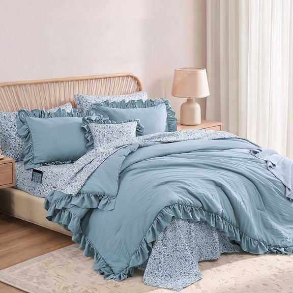 Catami Ruffle Design 7-piece Bed in a Bag Comforter Set with Sheets,Blue,Queen