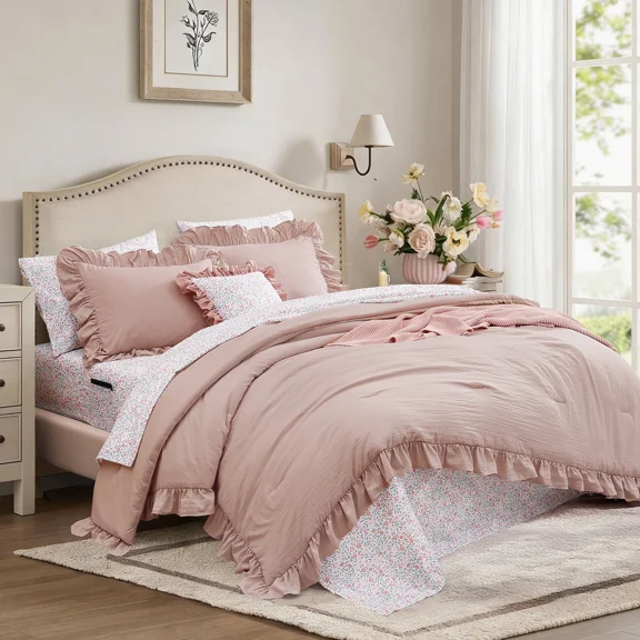Catami Ruffle Design 7-piece Bed in a Bag Comforter Set with Sheets,Rose,Queen
