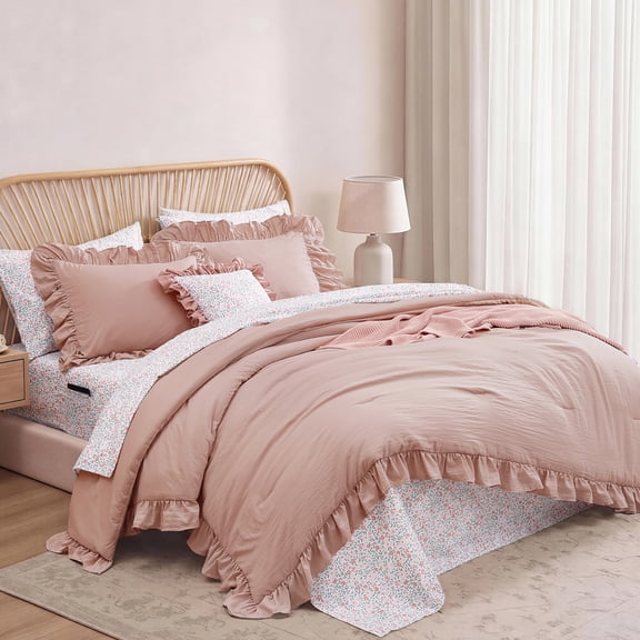 Catami Ruffle Design 7-piece Bed in a Bag Comforter Set with Sheets,Rose,Queen