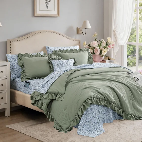 Catami Ruffle Design 7-piece Bed in a Bag Comforter Set with Sheets,Sage Green,Queen