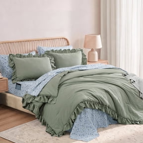Catami Ruffle Design 7-piece Bed in a Bag Comforter Set with Sheets,Sage Green,Queen