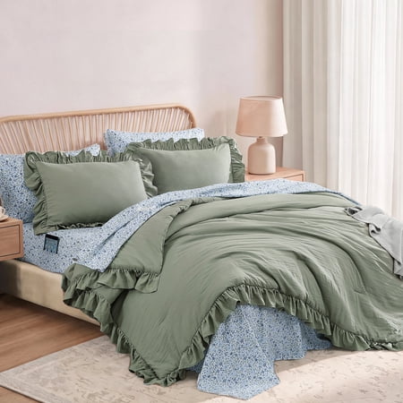 Catami Ruffle Design 7-piece Bed in a Bag Comforter Set with Sheets,Sage Green,Queen