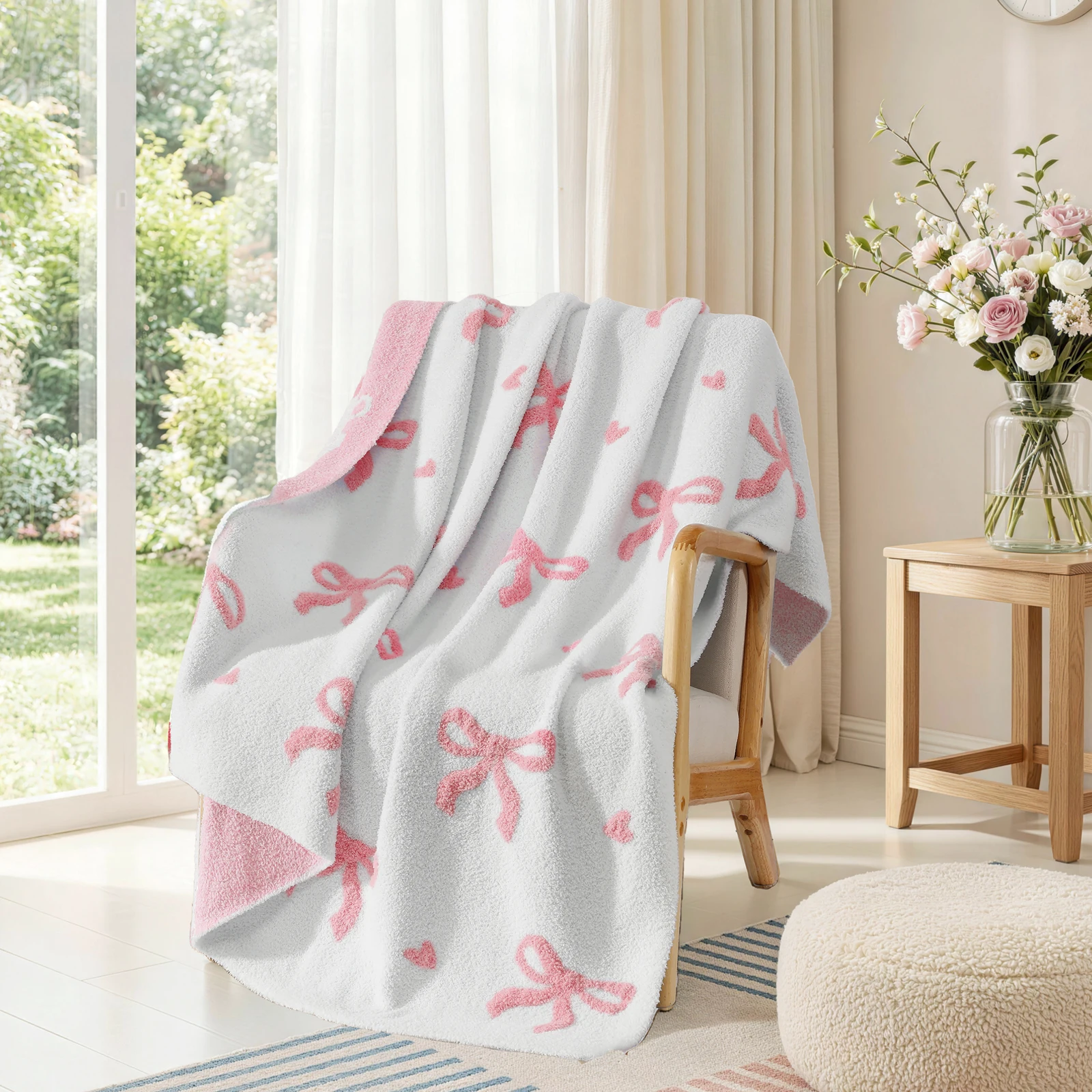 Catami Soft 3D Reversible Throw Blanket,Pink Bow,50*60
