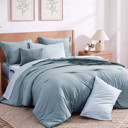 Catami Soft Prewashed 7-piece Bed in a Bag Comforter Set with Sheets,Dusty Blue,Queen