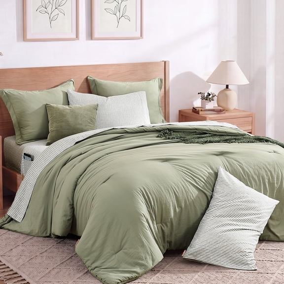 Catami Soft Prewashed 7-piece Bed in a Bag Comforter Set with Sheets,Olive Green,Queen