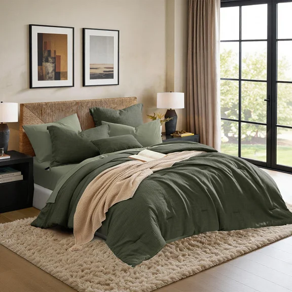 Catami Soft Solid 7-piece Bed in a Bag Comforter Set with Sheets,Dark Green,Queen