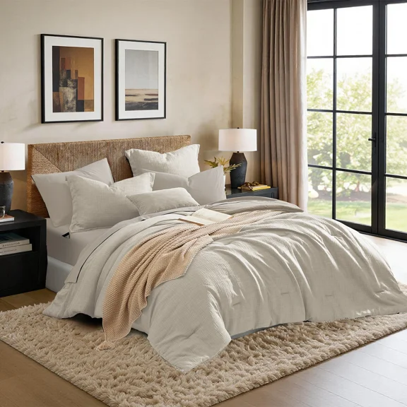 Catami Soft Solid 7-piece Bed in a Bag Comforter Set with Sheets,Ivory White,Full