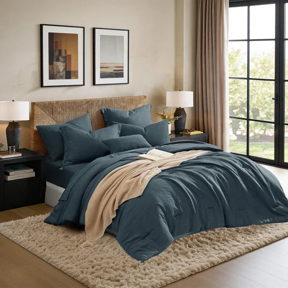 Catami Soft Solid 7-piece Bed in a Bag Comforter Set with Sheets,Navy Blue,Queen