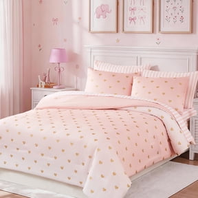 Catami gold foil Design 5-piece Bed in a Bag Comforter Set with Sheets,Pink Gold Heart,Twin