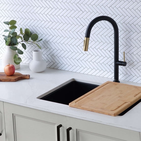 Stylish 17 ¼" Ht Single Handle Matte Black & Gold Pull Down Kitchen Faucet K-141NG