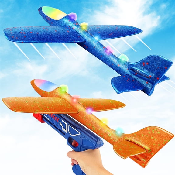 Catapult Airplane Launcher Toy - 2 LED Throwing Foam Gliders with Launchers, 13.8Inch 2 Flight Modes Outdoor Flying Toys for Boys Girls Kids Gift