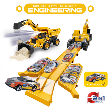 Catapult-Launch Alloy Engineering Truck Set | 6 Cars & 360° Track | STEM Toy Gift for Kids (Yellow)