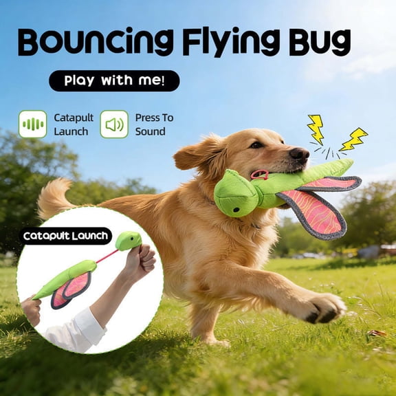Catapult Launch Squeaky Dog Flying Toy, Interactive Plush Bouncing Bug Pet Chew Toy for Outdoor Fetch Training Play