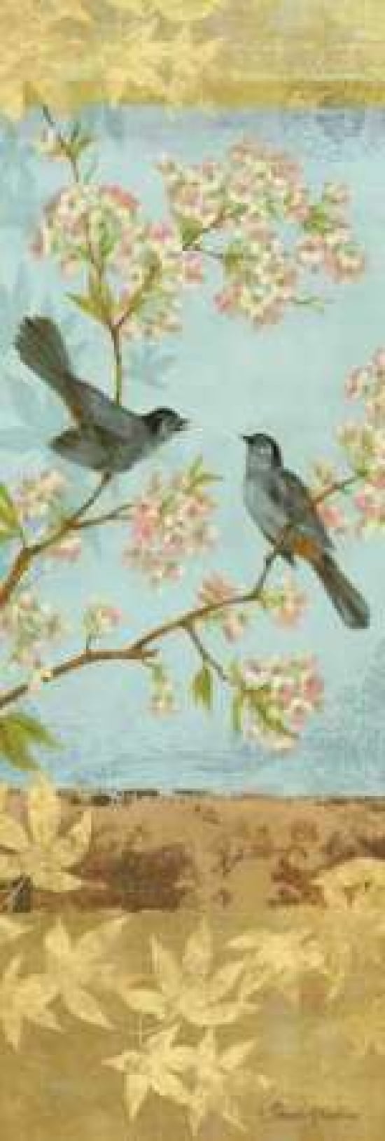 Catbirds and Blooms Panel Canvas Art - Pamela Gladding (8 x 24)