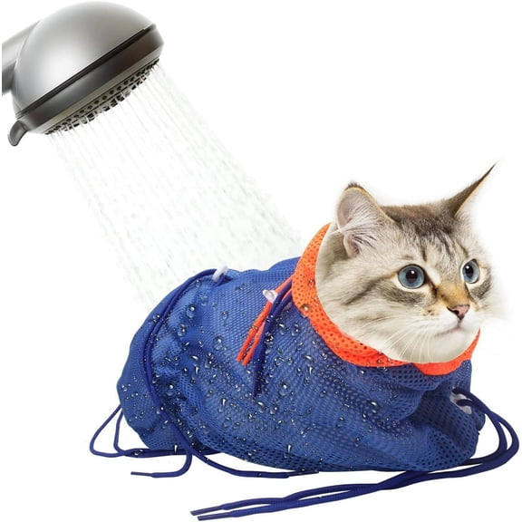 Catcan Cat Bathing Bag, Breathable Cat Grooming Bag, Anti Scratch Adjustable Cats Shower Washing Bag with Mesh for Nail Trimming