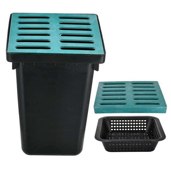 Catch Basin with Fiber Glass Grate 16.5X16.5X24in, Large Drainage Catch Basin No Pre-Drilled Holes for Downspouts/Yard Drainage